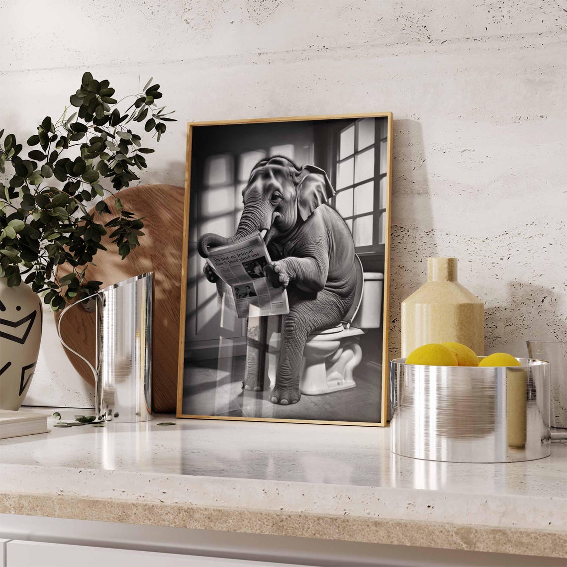 Elephant Reading Newspaper on Toilet Surreal Funny Bathroom Poster - Image 3