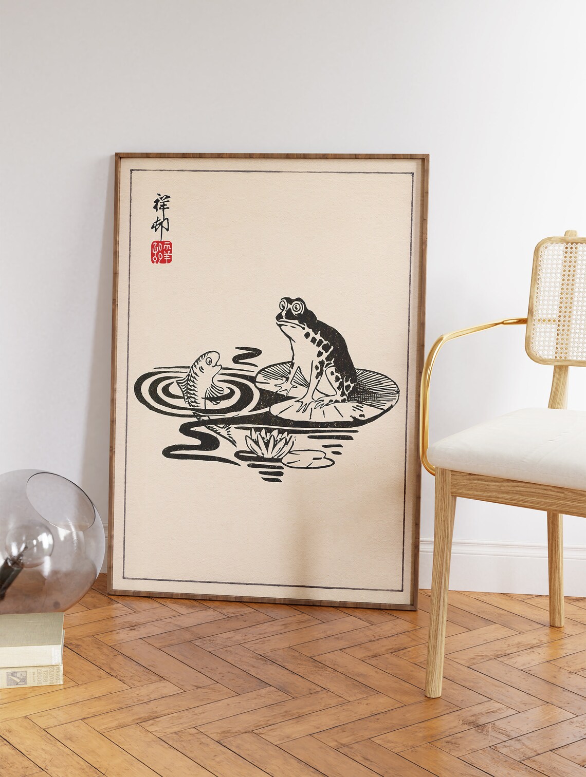 Japanese Frog and Fish Woodblock Style Vintage Animal Art Poster - Image 3