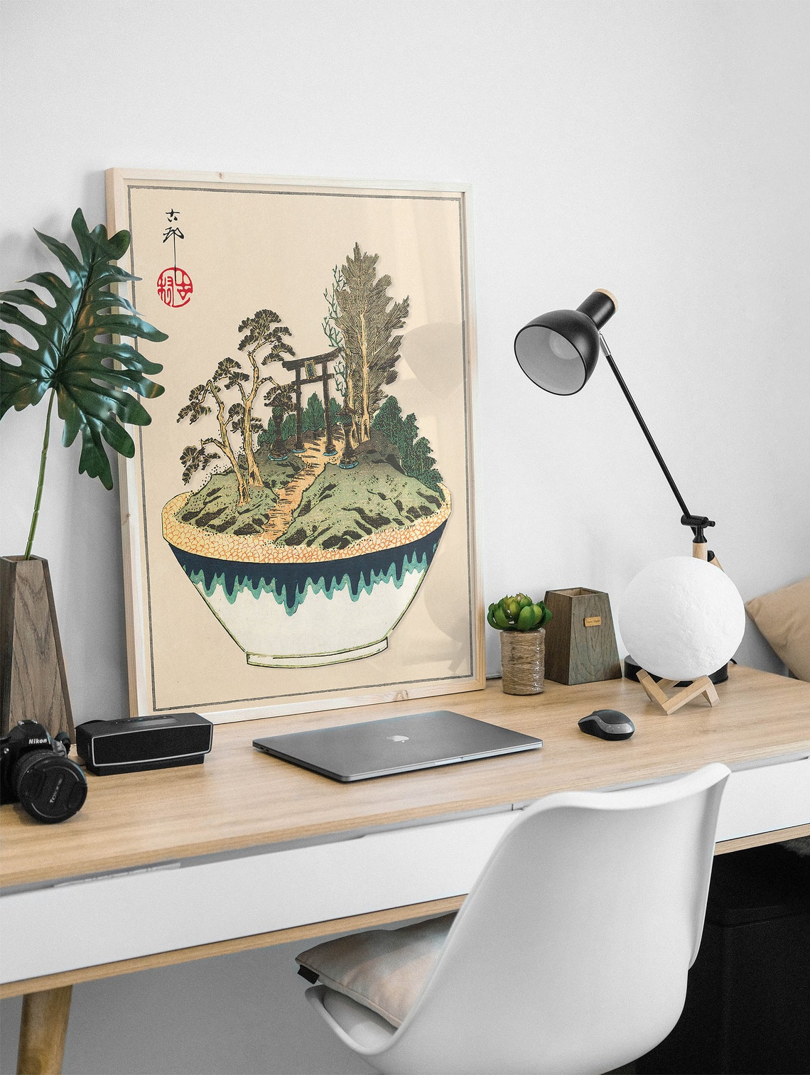Japanese Woodblock Style Torii Gate Pine Garden in a Bowl Poster - Image 2