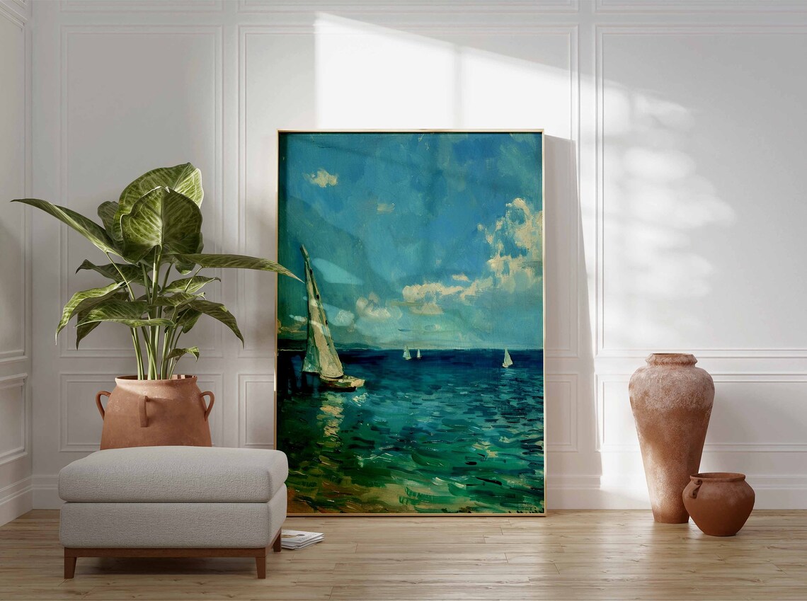 Single Sailboat on Teal Green Sea Impressionist Nautical Art Poster - Image 3