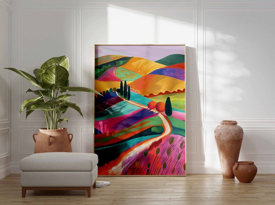 Colorful Valley Cypress Trees Curving Road Landscape Art Print - Image 3
