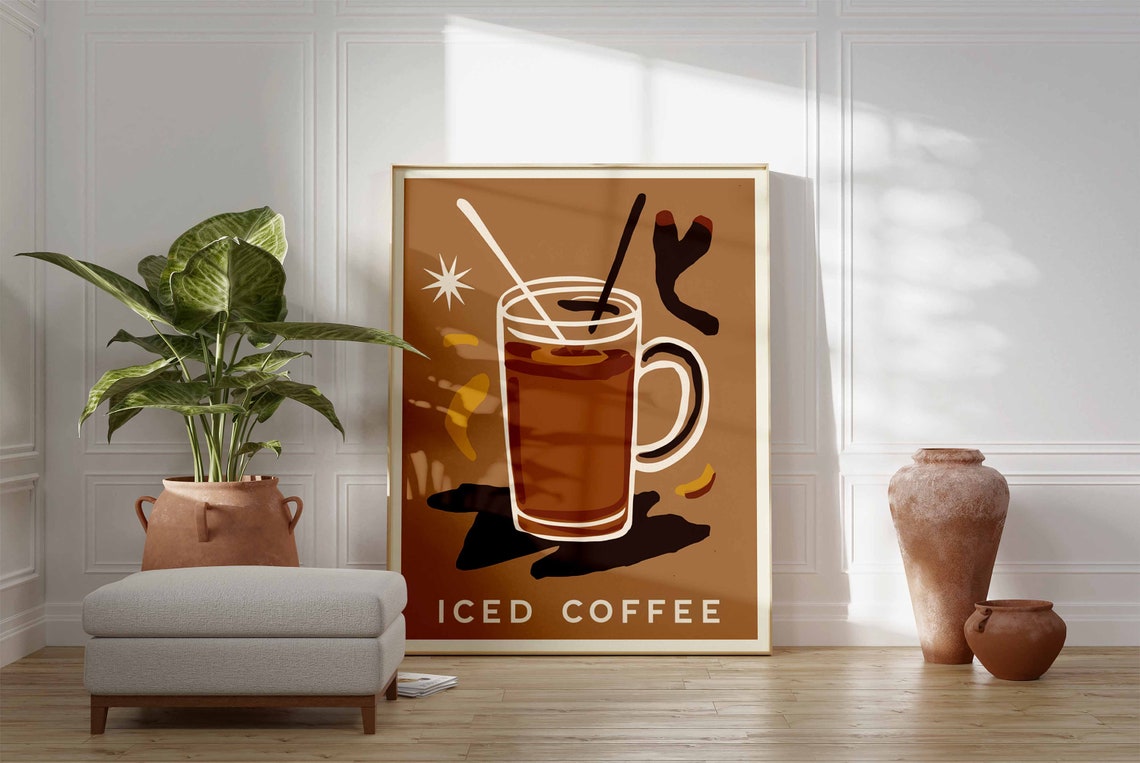 Iced Coffee Retro Mug With Straws Caramel Mid Century Kitchen Poster - Image 3