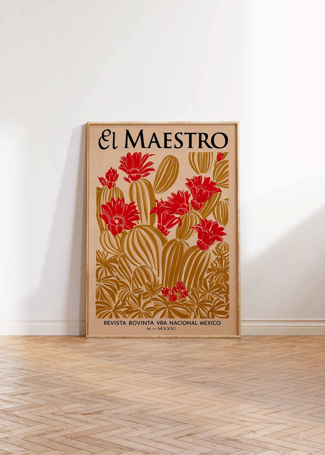 El Maestro Golden Cactus Red Blooms Vintage Mexico Poster Art - Image 3