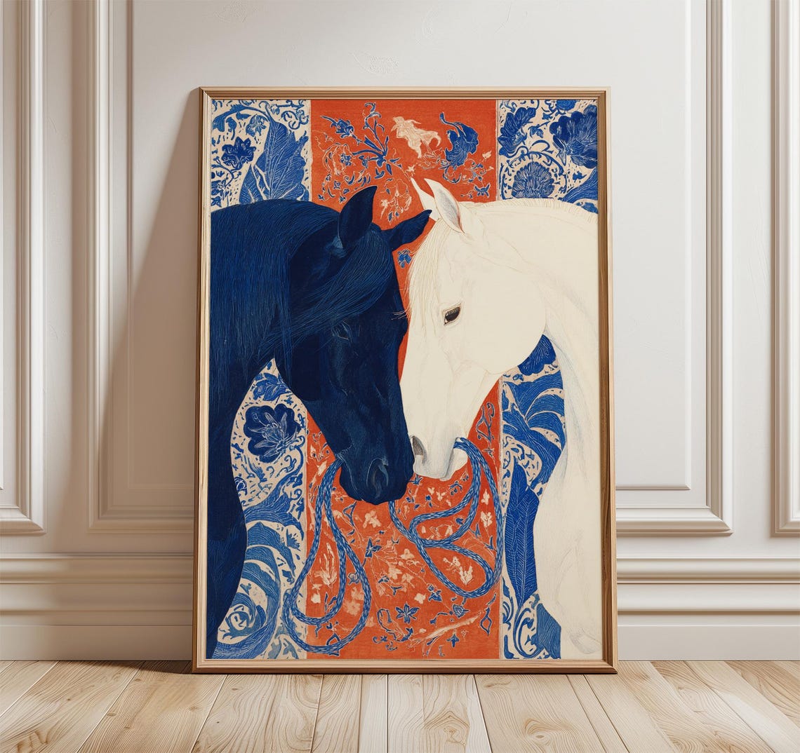 Elegant Black White Horse Pair Blue Orange Equestrian Poster