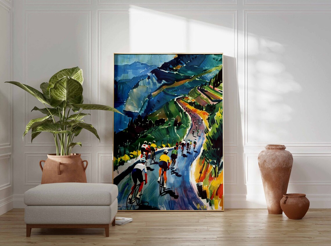 Cyclists Descending Mountain Road Toward Alpine Lake Colorful Poster - Image 3