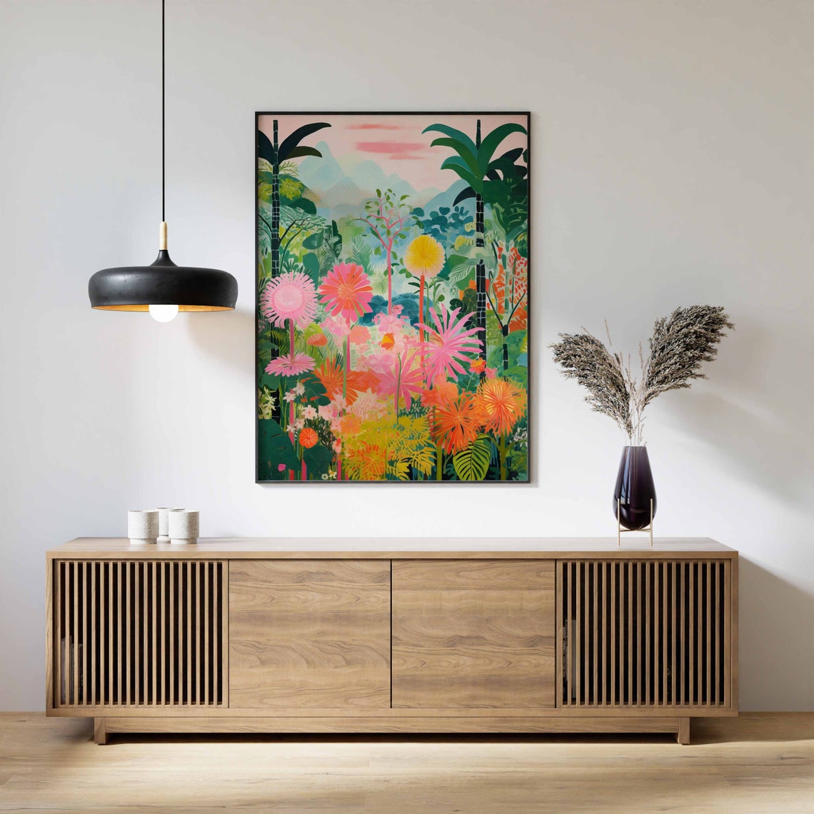 Colorful Tropical Jungle Flowers Pink Blossoms Palm Trees Wall Art - Image 3