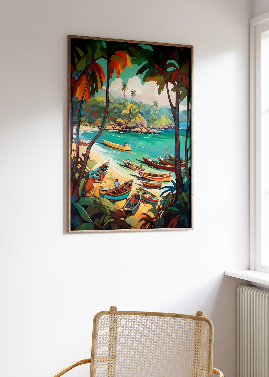 Caribbean Tropical Cove Colorful Fishing Boats Beach Painting Poster - Image 3