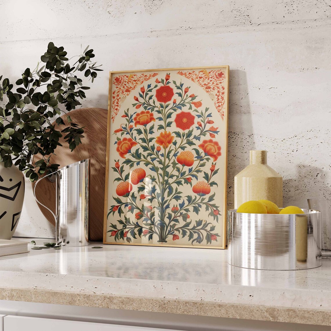 Indian Floral Arch Red Orange Flowers Traditional Mughal Art Poster - Image 2