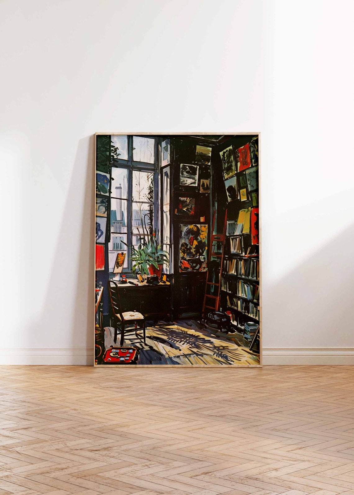 Dark Book Filled Study with French Windows Gallery Walls Poster - Image 2