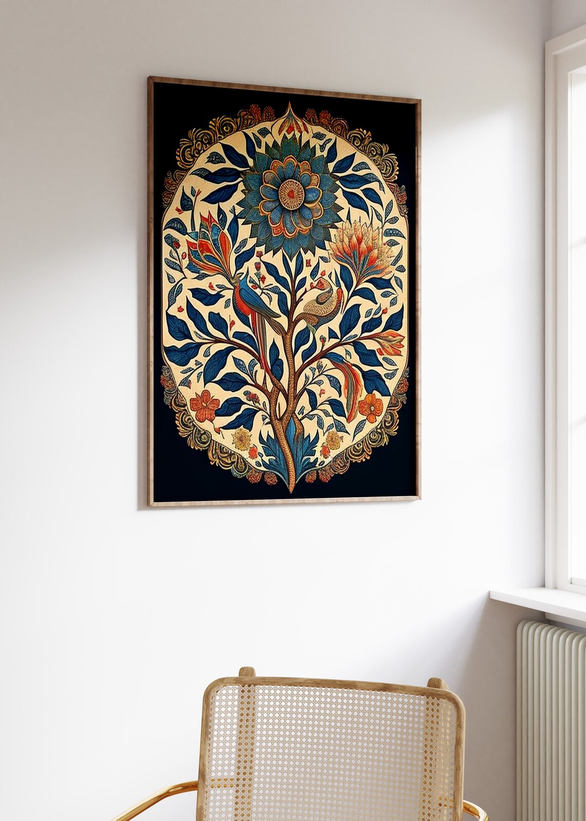 Indian Tree of Life Print with Birds and Flowers on Dark Background - Image 3