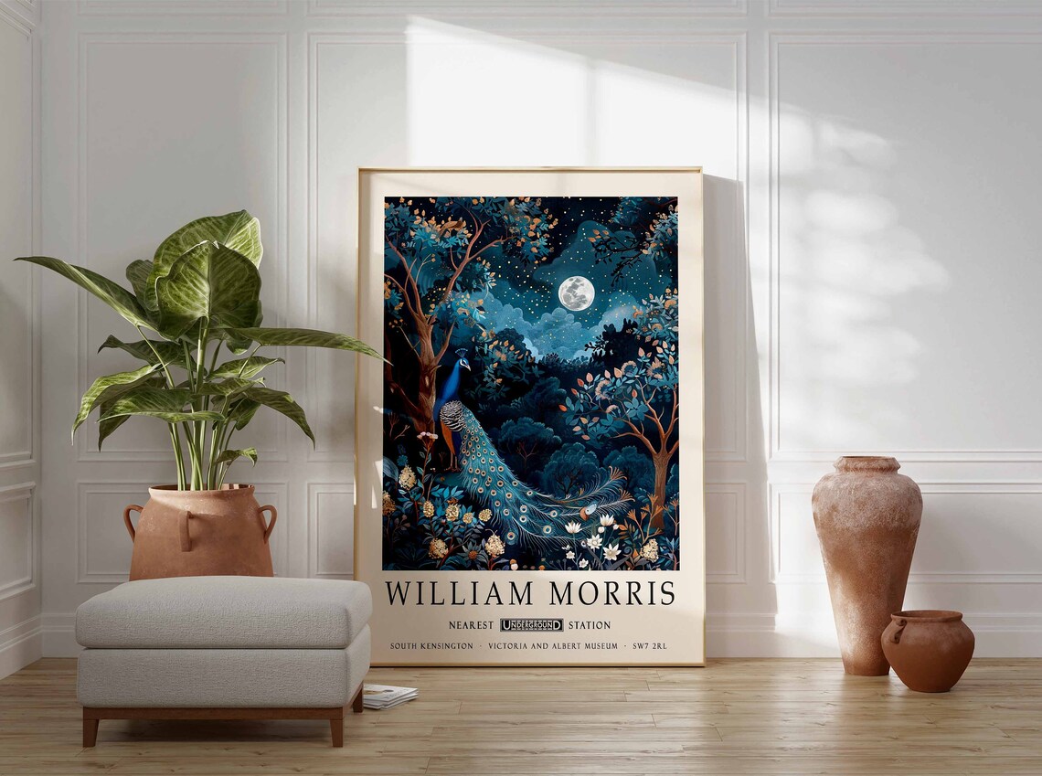 William Morris Peacock Moonlit Woodland Exhibition Art Poster - Image 3