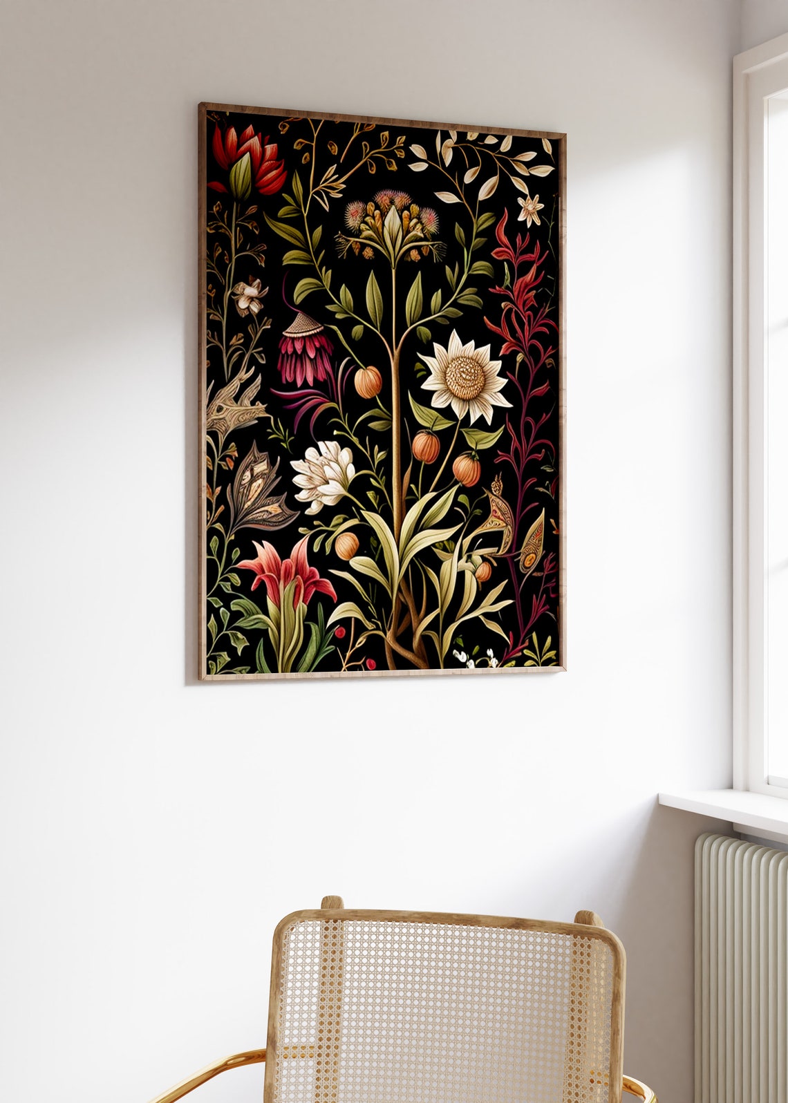 Moody Black Botanical Floral Vintage Style Illustration Art Poster - Image 3