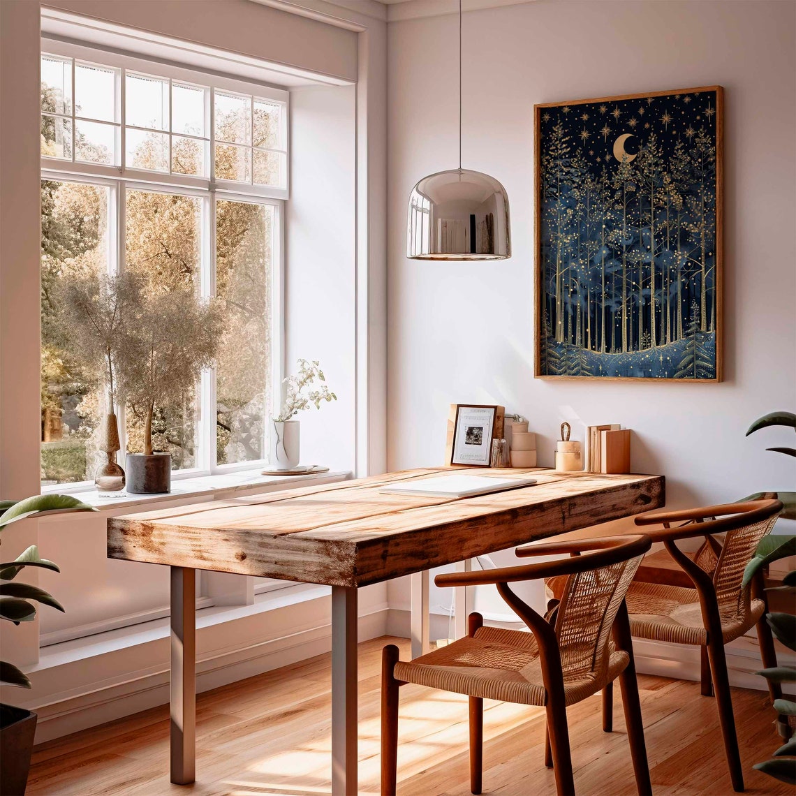 Elegant Navy And Gold Winter Forest Night With Crescent Moon Poster - Image 2