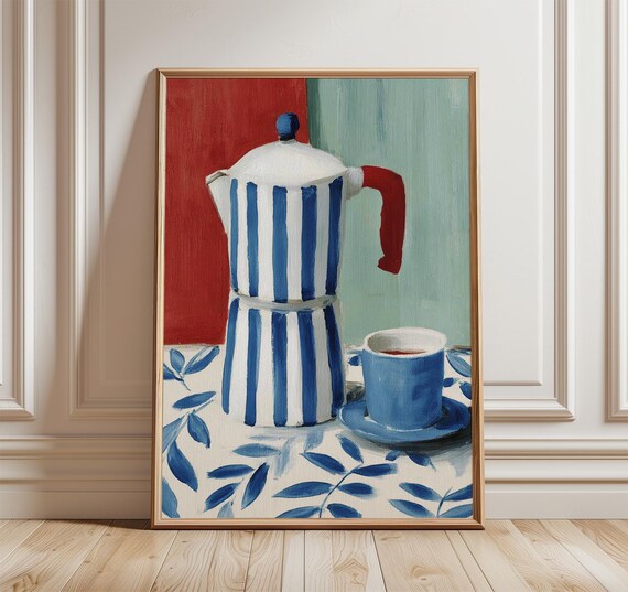 Striped Moka Pot And Coffee Cup Still Life Kitchen Art Poster