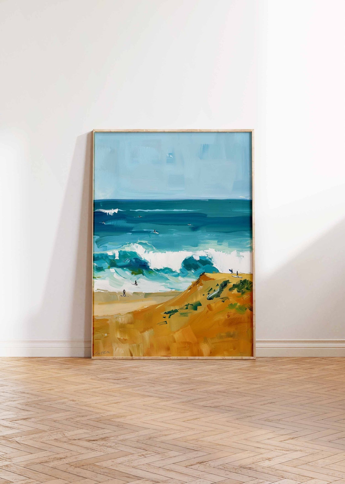 Surfers Riding Turquoise Waves Beside Golden Sand Dunes Poster - Image 2