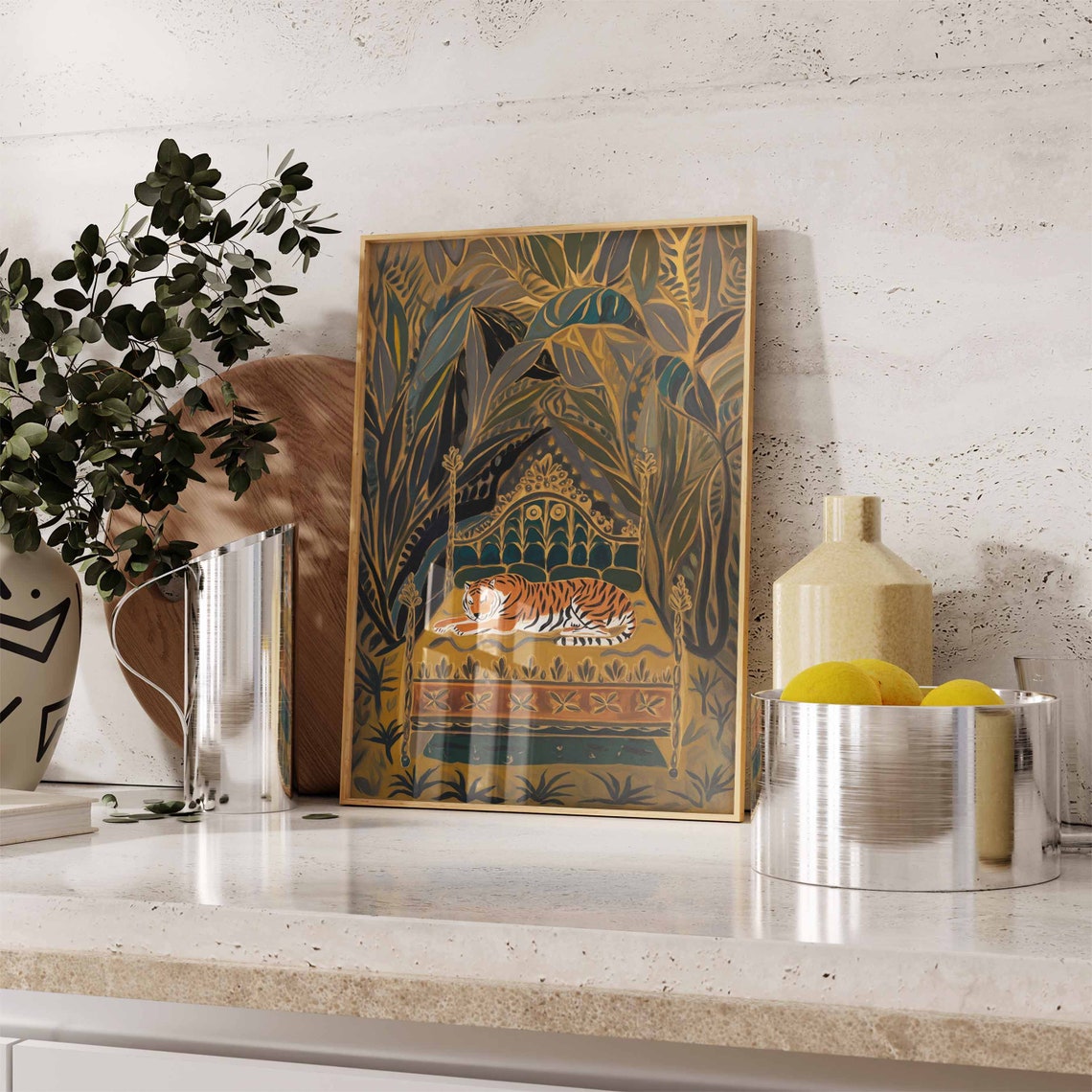 Resting Tiger on Golden Bed Dark Jungle Foliage Illustration Poster - Image 2
