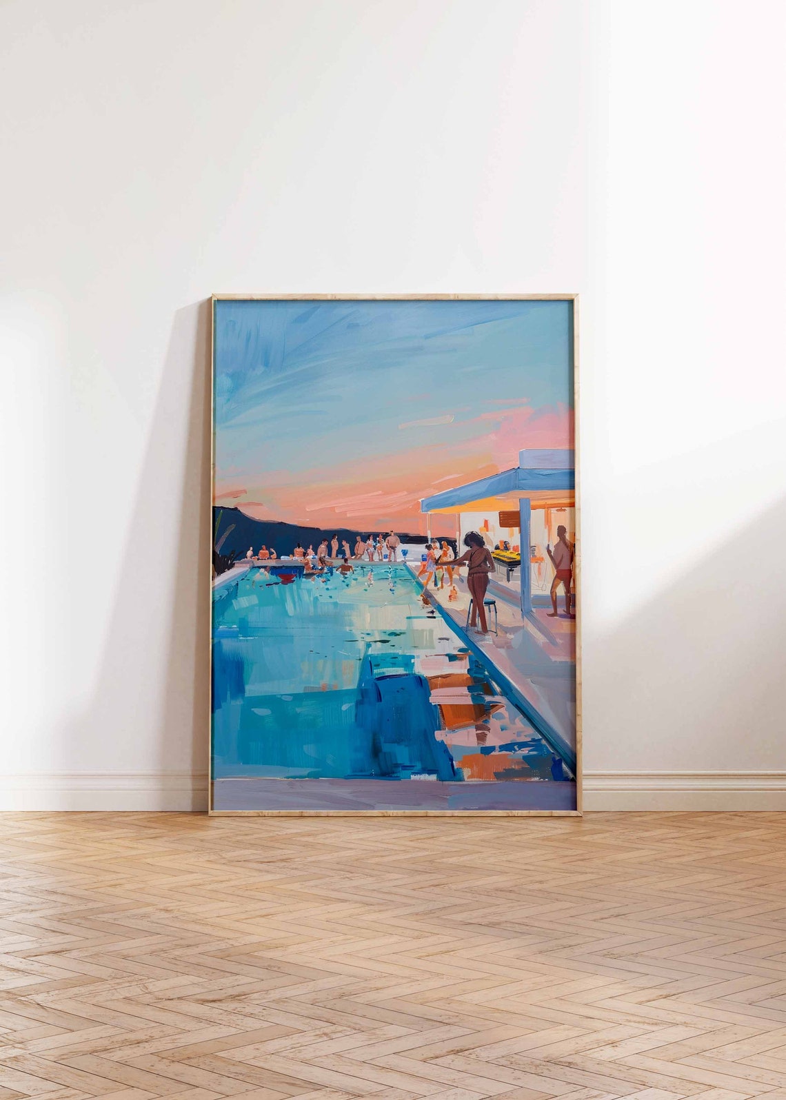 Sunset Pool Party With Guests Painterly Summer Scene Art Poster - Image 3