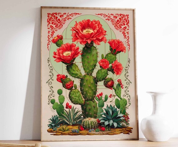 Opuntia Cactus Red Blooms Green Arch Vintage Botanical Poster