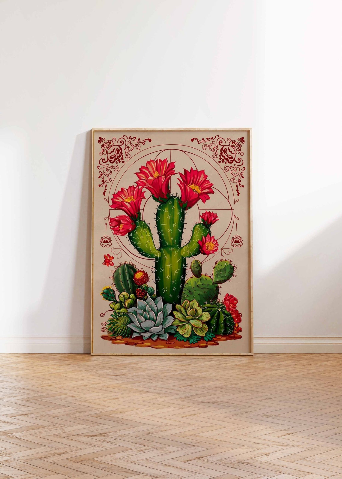 Blooming Cactus Red Flowers Geometric Frame Vintage Botanical Poster - Image 3