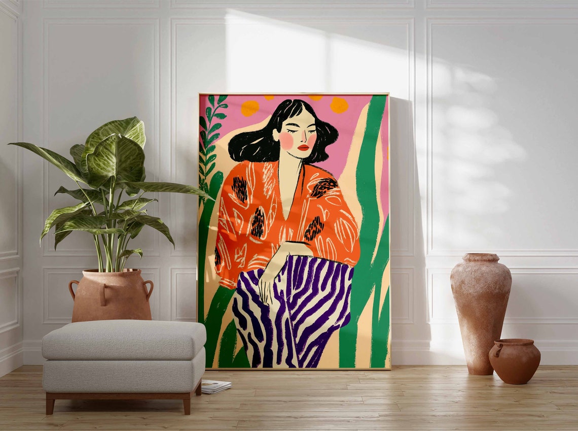 Woman in Orange Blouse With Purple Pants Colorful Botanical Poster - Image 2