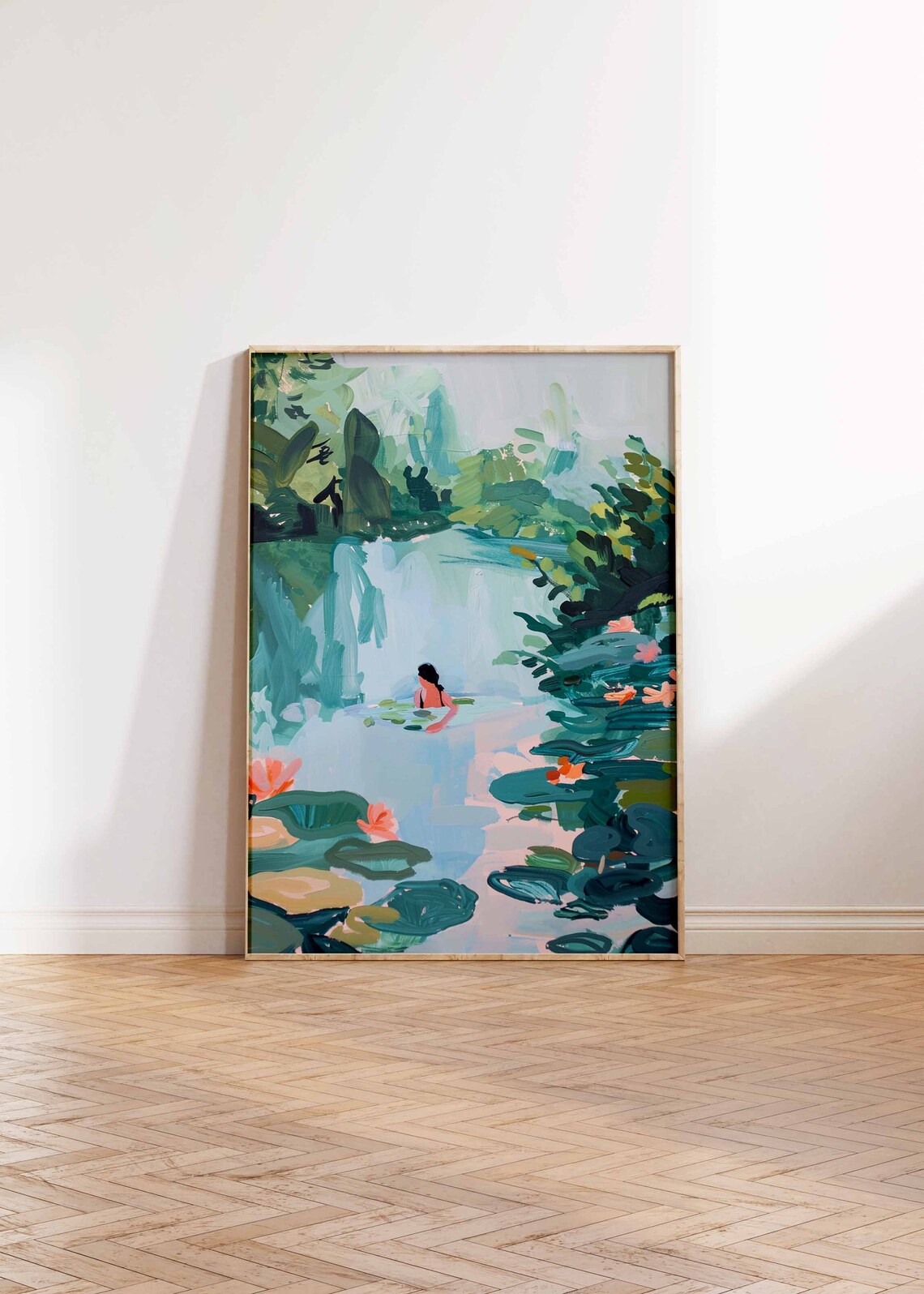 Woman Swimming in Lily Pond with Pink Flowers Botanical Art Poster - Image 3