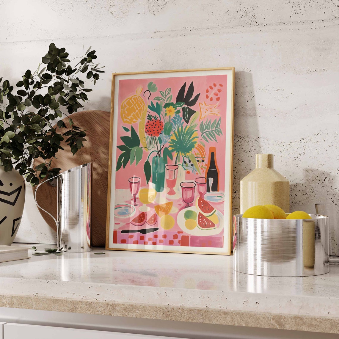 Pink Dinner Party Table With Fruit Painterly Kitchen Art Poster - Image 3