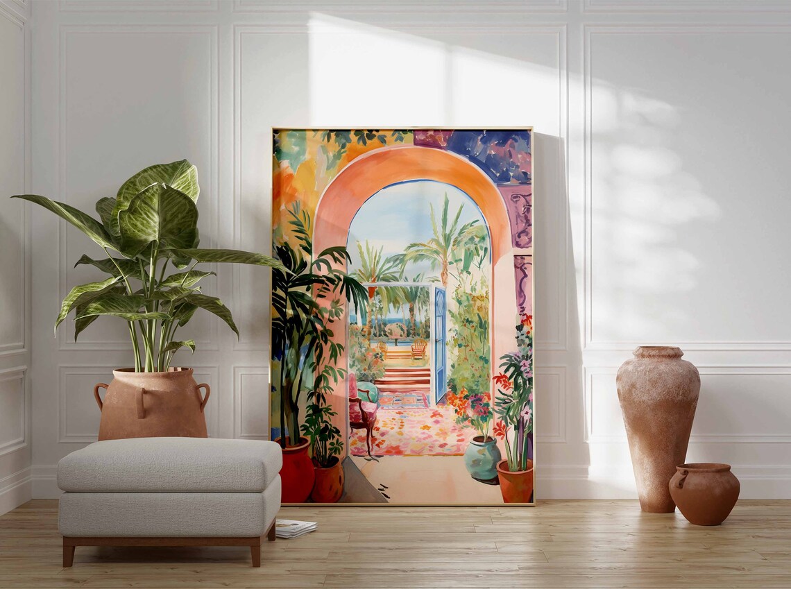 Moroccan Arabic Archway Palm Garden Watercolor Art Wall Poster - Image 3