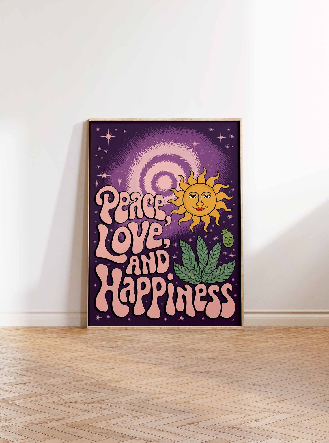 Peace Love and Happiness Purple Galaxy Retro Sun Starry Poster - Image 2