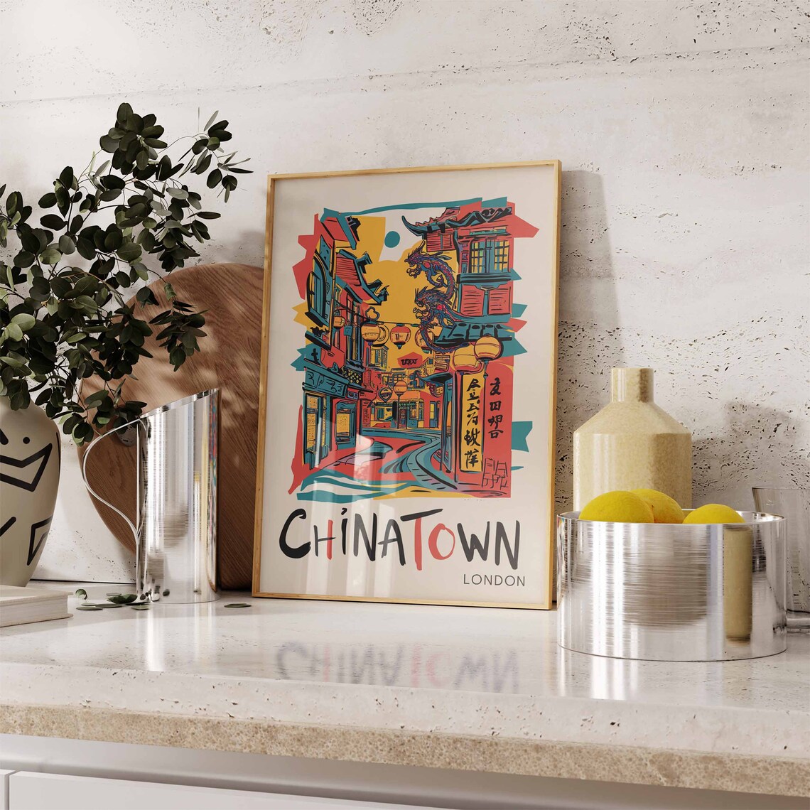 Chinatown London Dragon Mural Street Bold Graphic Art Poster - Image 2