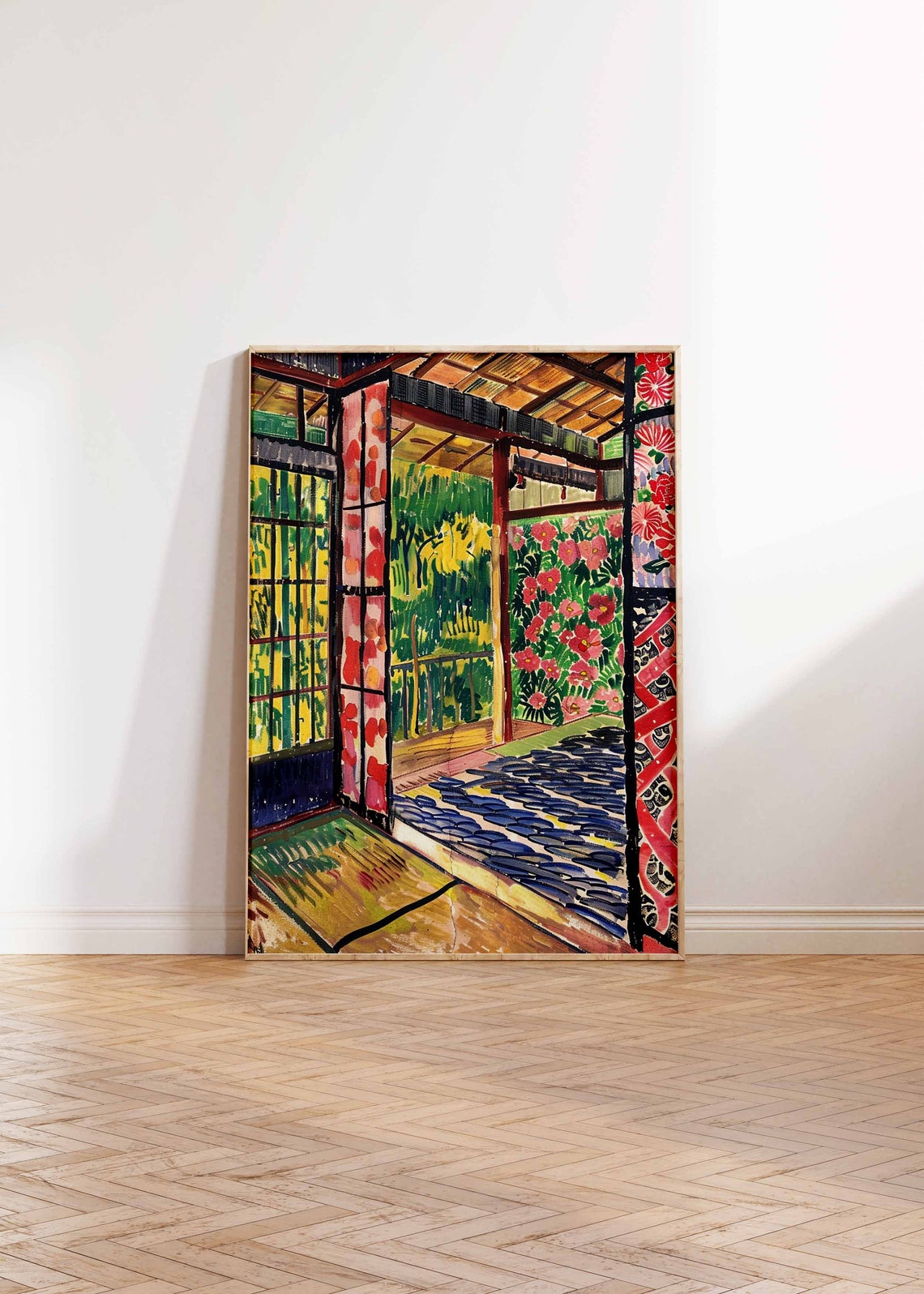 Japanese Interior Red Floral Curtains Bamboo View Art Print Wall Decor - Image 2