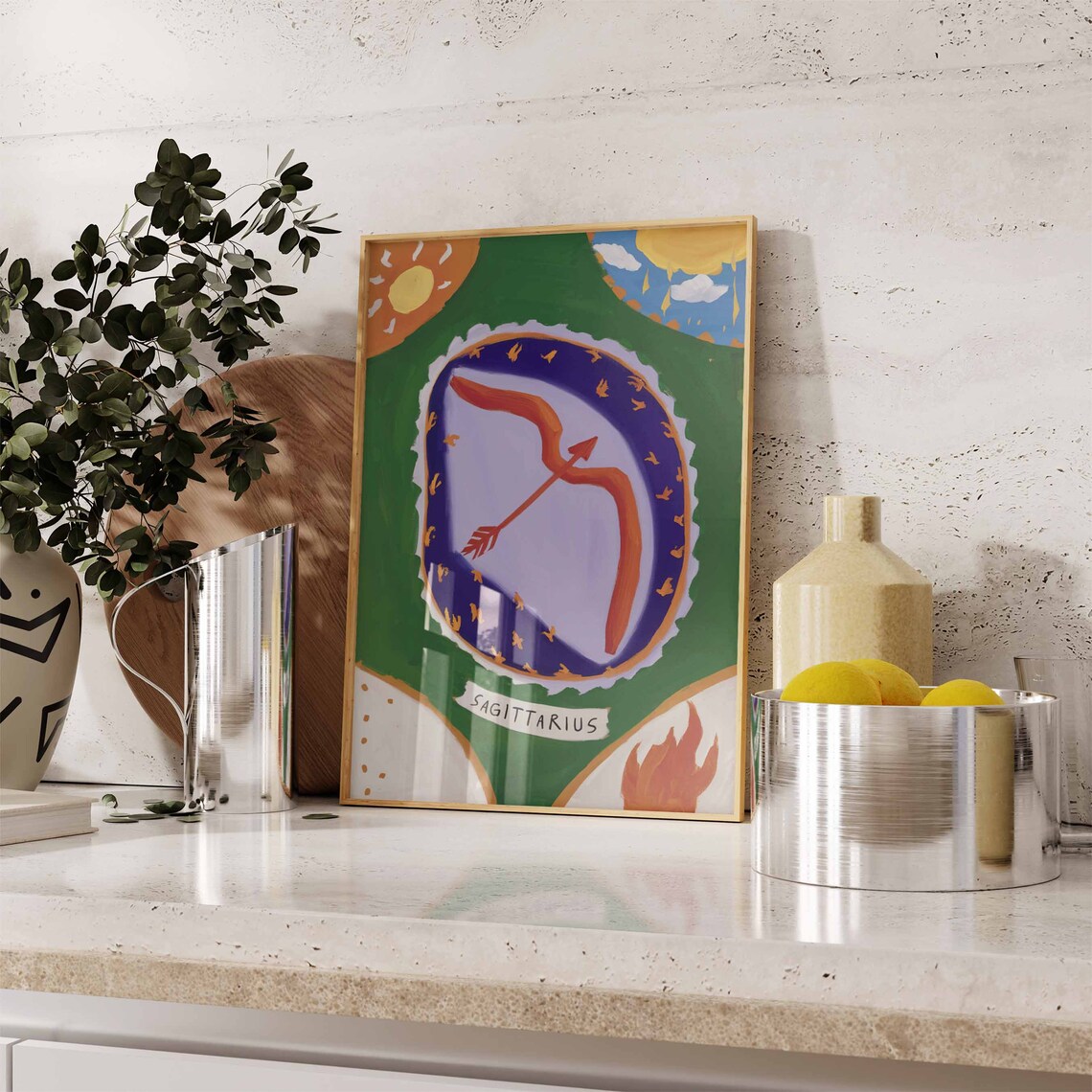 Sagittarius Zodiac Bow Arrow Green Purple Sun Flame Art Poster - Image 3
