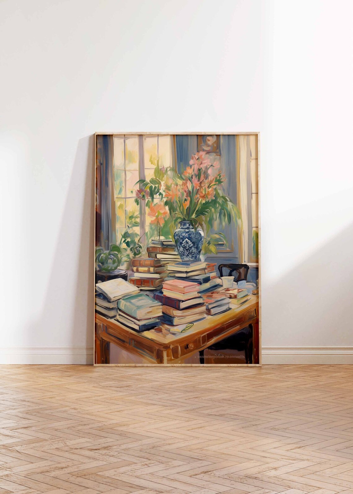 Vintage Stacks of Old Books Beside Window Flowers Painting Poster - Image 3