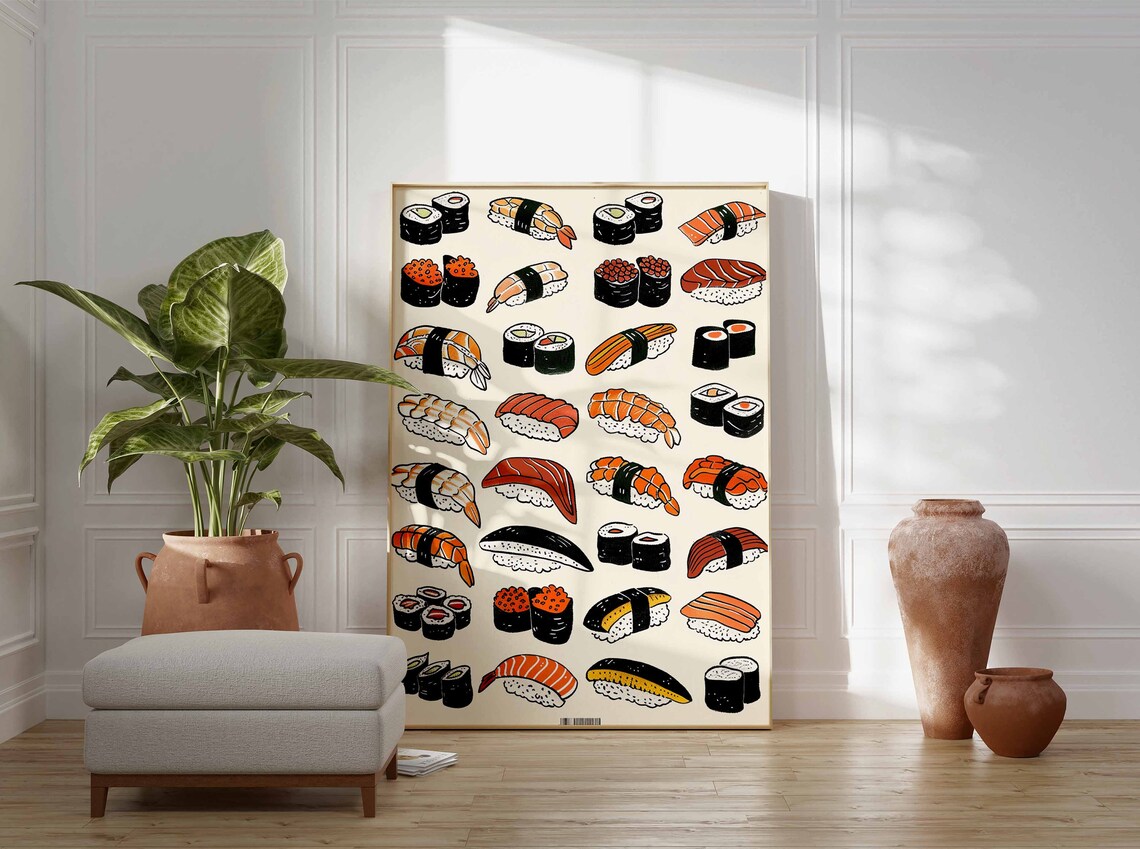 Sushi Lovers Grid Tuna Salmon Shrimp Nigiri Maki Japanese Art Poster - Image 3