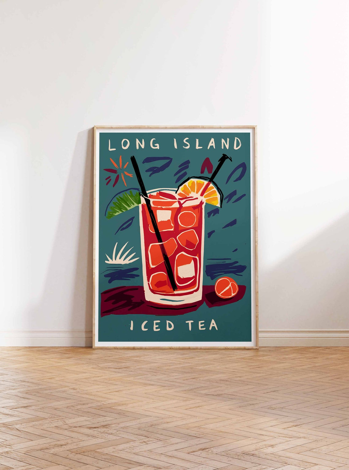 Long Island Iced Tea Tall Ice Glass Teal Retro Cocktail Bar Poster - Image 2