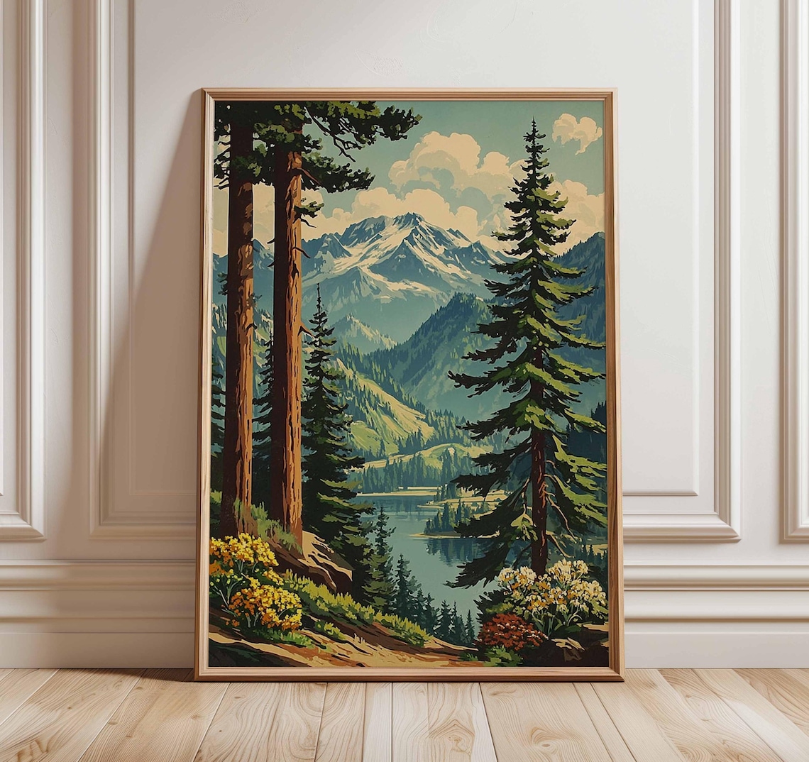 Mountain Forest Landscape Poster Print, Rustic Cabin Decor