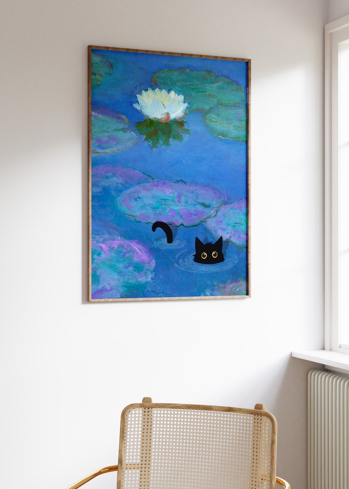 Monet Water Lilies Cat Print Black Cat Swimming Impressionist Art - Image 3