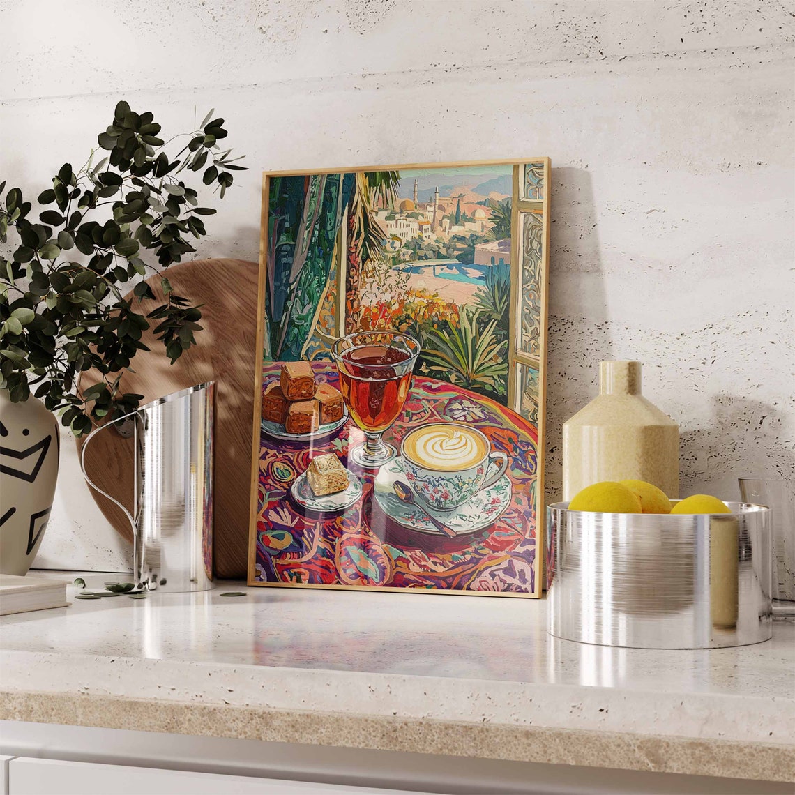 Middle Eastern Tea and Coffee with Baklava City View Art Poster - Image 2