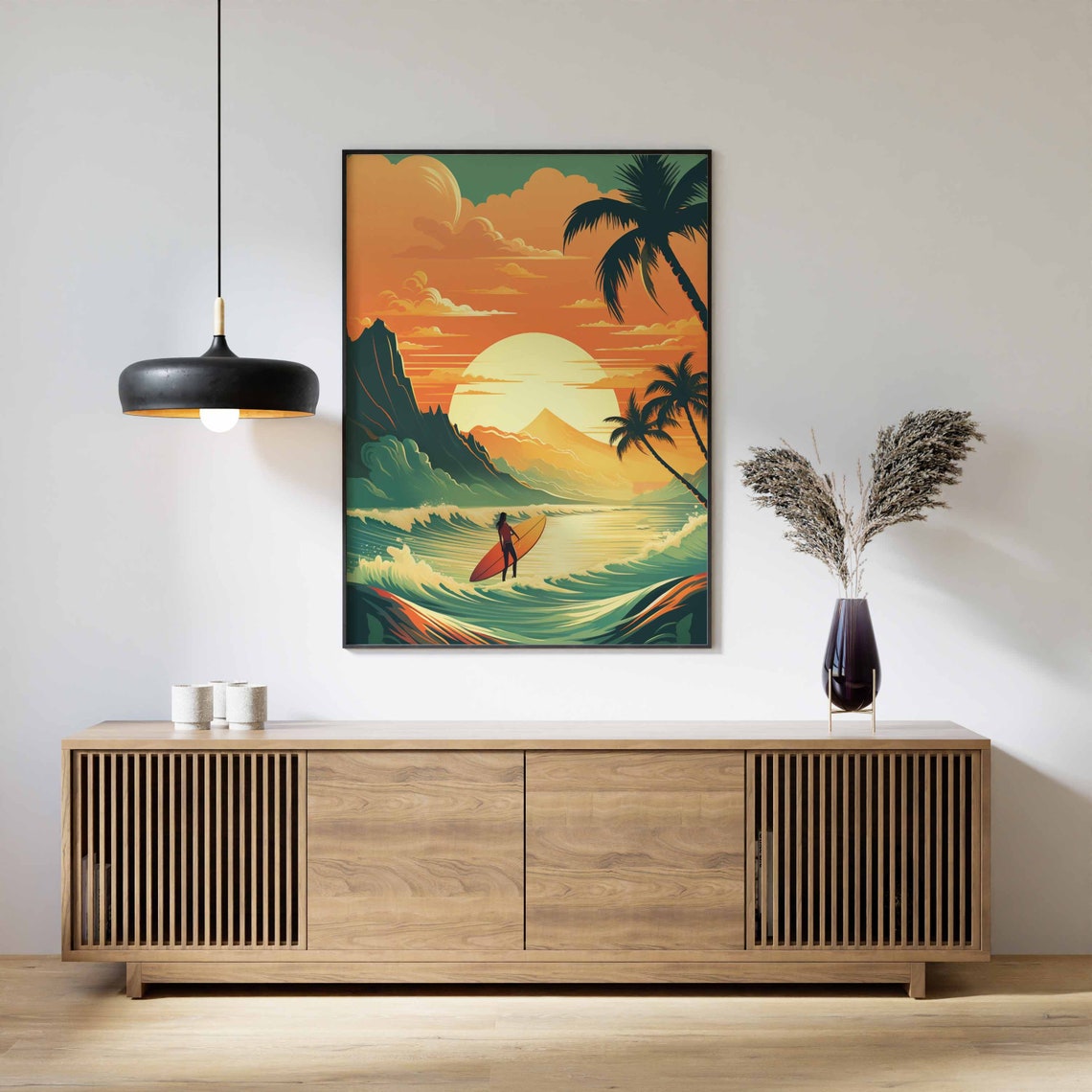 Retro Surf Sunset Palm Beach Tropical Wave Illustration Style Poster - Image 2