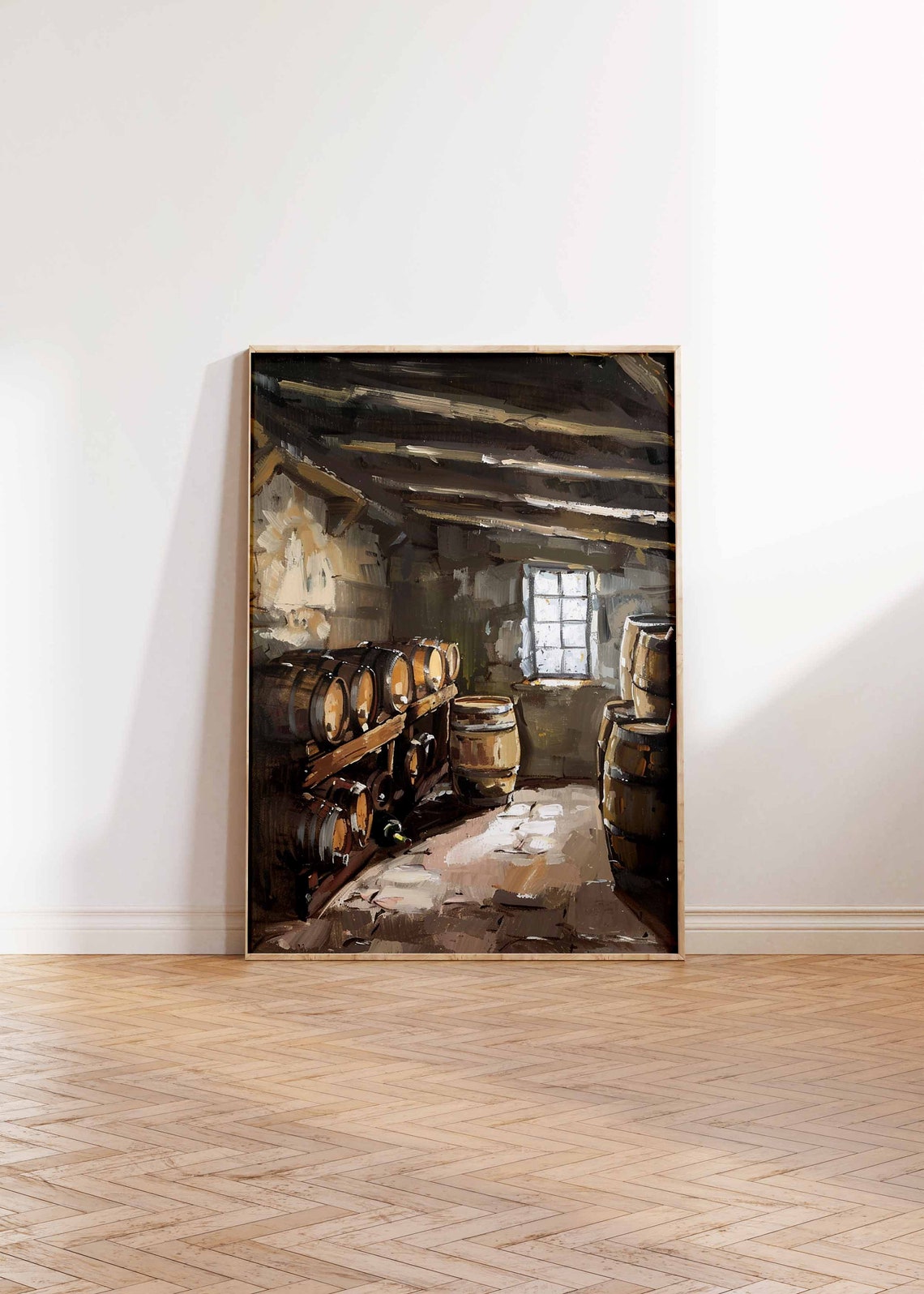 Rustic Wine Cellar Barrels Art Poster Moody Stone Interior Scene - Image 2