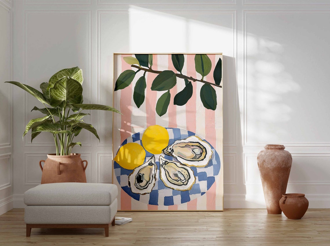 Three Oysters and Lemons Striped Coastal Kitchen Food Wall Art - Image 3