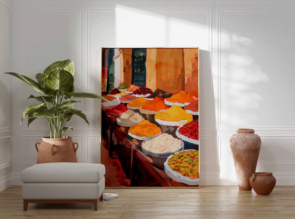 Long Table Covered in Bowls of Colorful Spices Kitchen Poster - Image 3
