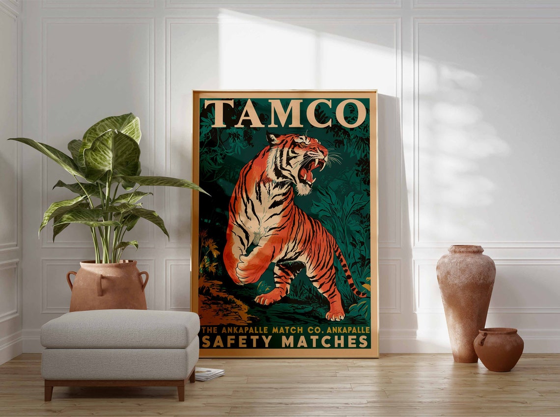 Vintage Tiger Print Indian Tiger Poster Tamco Matchbox Art Animal Print Animal Poster Animal Art Tropical Decor Jungle Art Tiger Art - Image 3