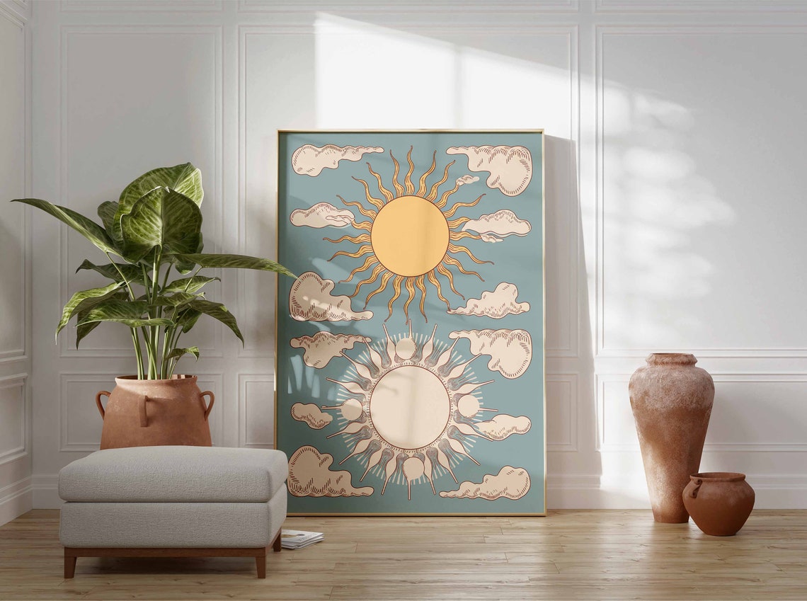 Two Suns And Clouds Sage Blue Celestial Boho Illustration Poster - Image 3