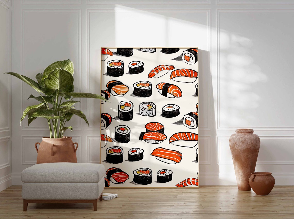 Playful Scattered Sushi Pattern Nigiri Maki Bold Illustration Poster - Image 3
