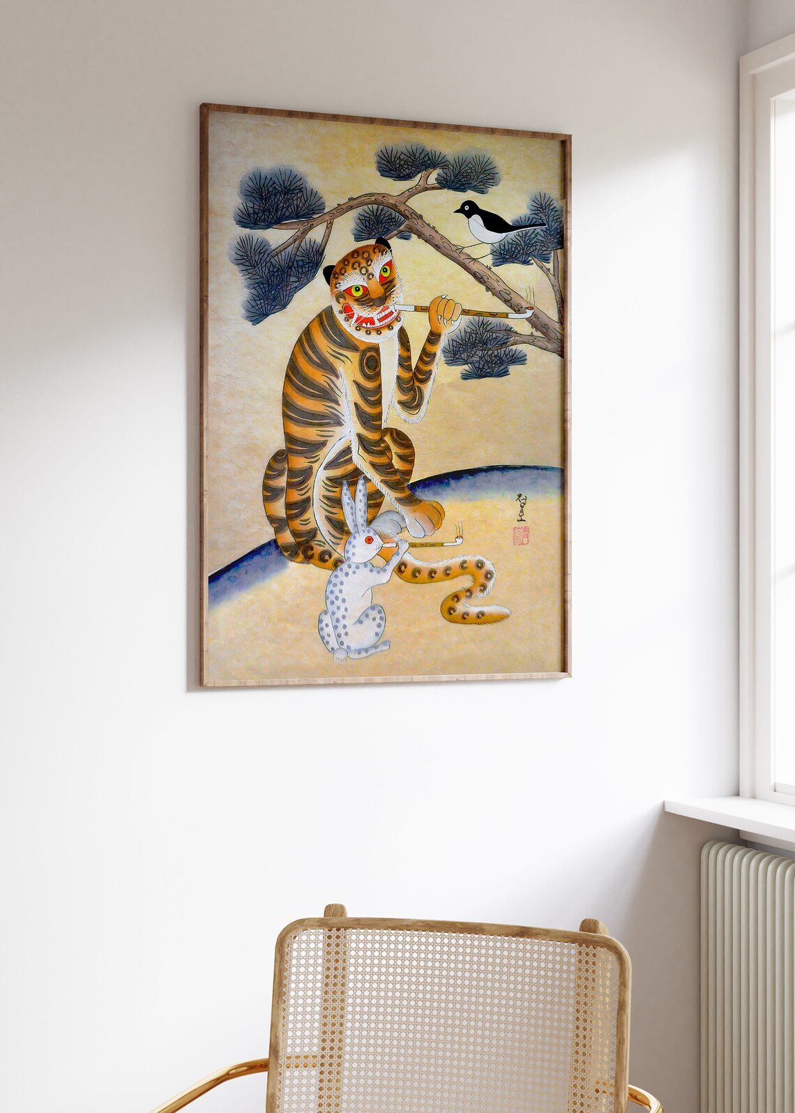 Korean Folk Tiger Print Minhwa Smoking Pipe Rabbit Magpie Art - Image 2