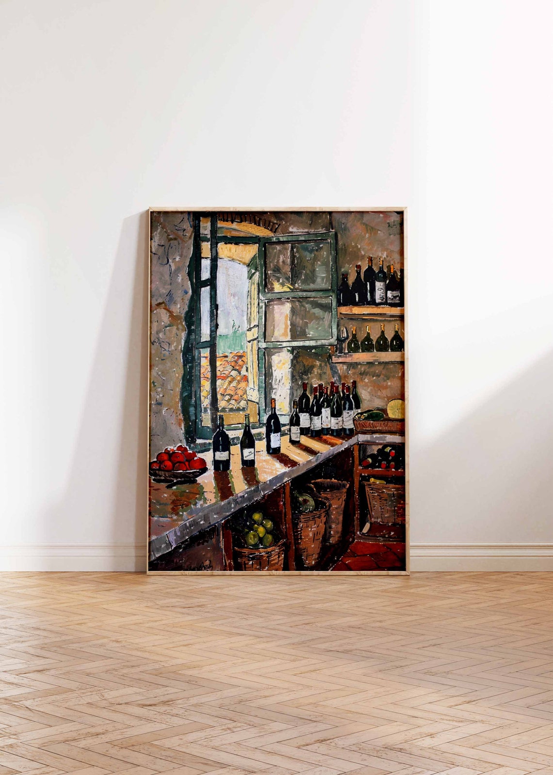 Sunlit Wine Shop Window Art Poster Bottles Tomatoes Country Scene - Image 2