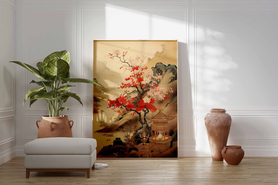Chinese Vintage Pagoda Art Red Blossom Mountains Asian Wall Art - Image 2