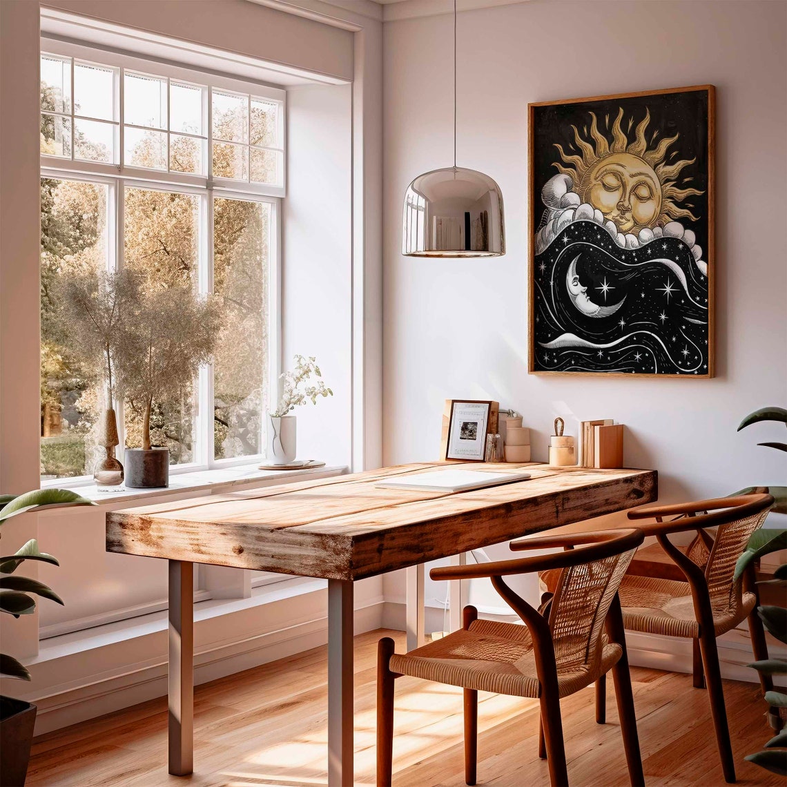 Golden Sun Black Night Waves Moon Celestial Illustration Poster - Image 2