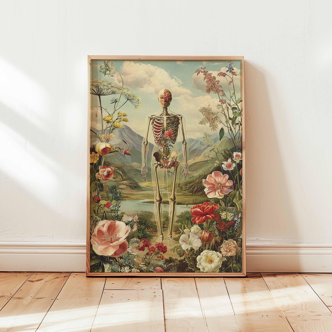 Vintage Full Skeleton Botanical Garden Floral Art Print Anatomy Decor