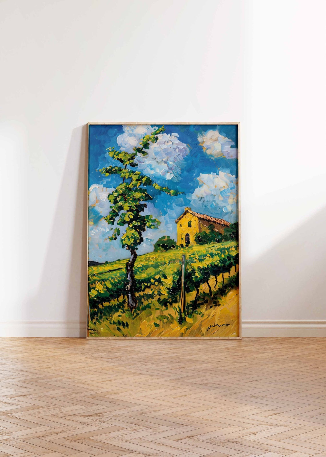 Bold Yellow Villa Vineyard Art Poster Impasto Countryside Landscape - Image 2